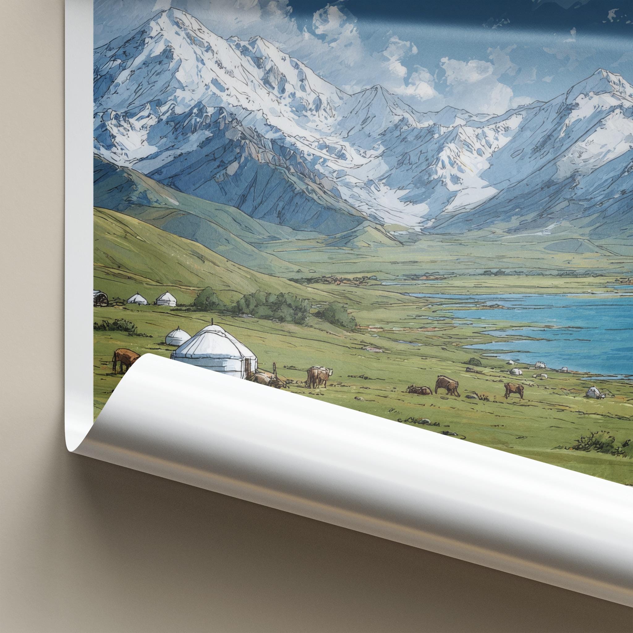 Song-Kol Poster - Kyrgyzstan Travel Art - Alpine Lake Yurt Home Decor