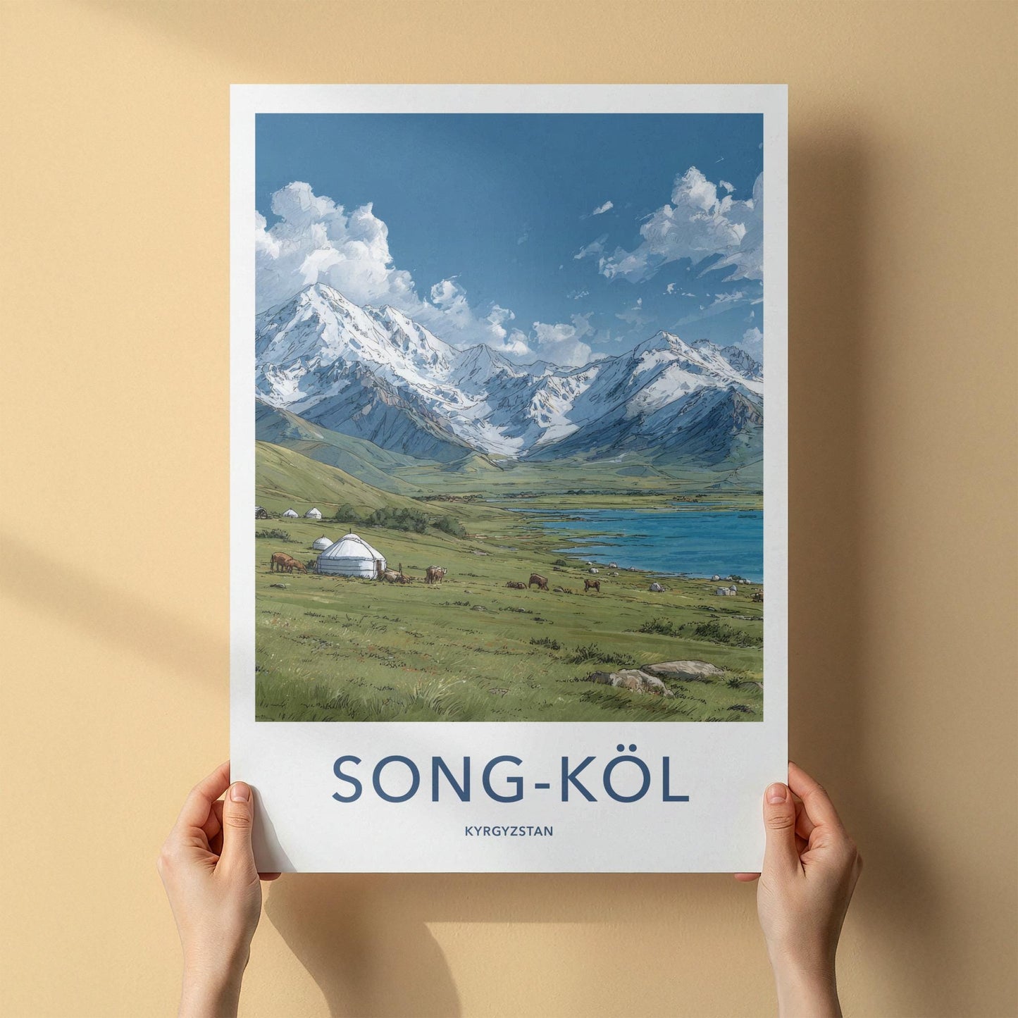Song-Kol Poster - Kyrgyzstan Travel Art - Alpine Lake Yurt Home Decor