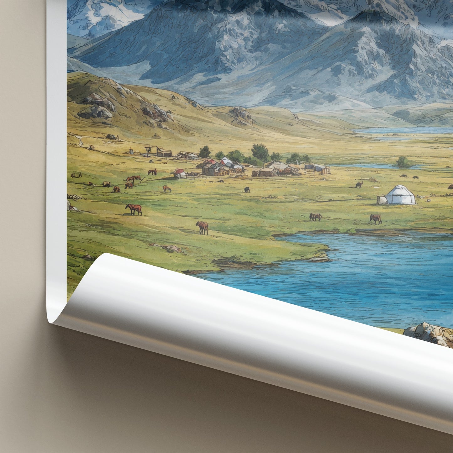 Song-Kol Poster - Kyrgyzstan Yurt Lake Animals Wall Art