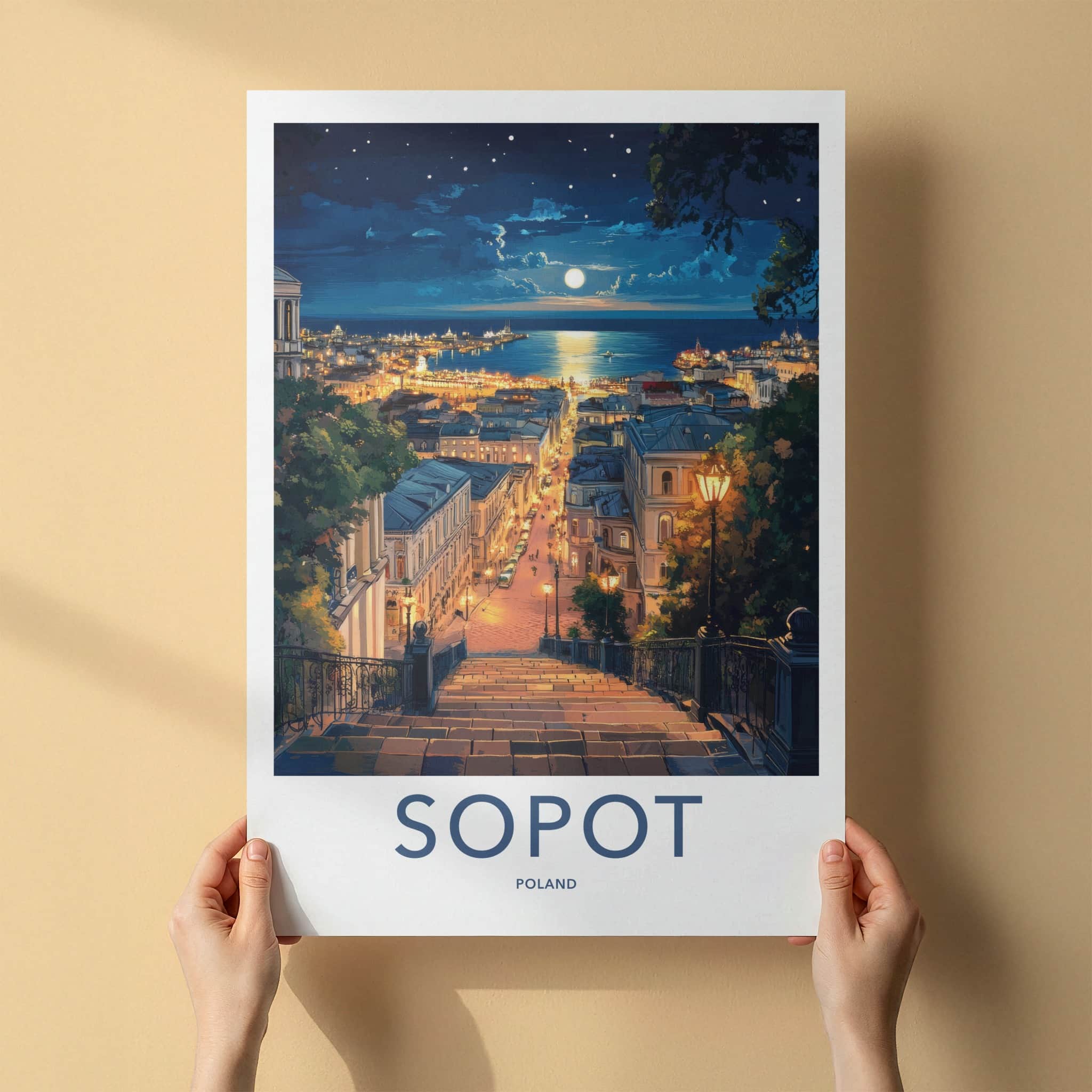 Sopot Poster - Poland Travel Art - Moonlit Seaside City Home Decor