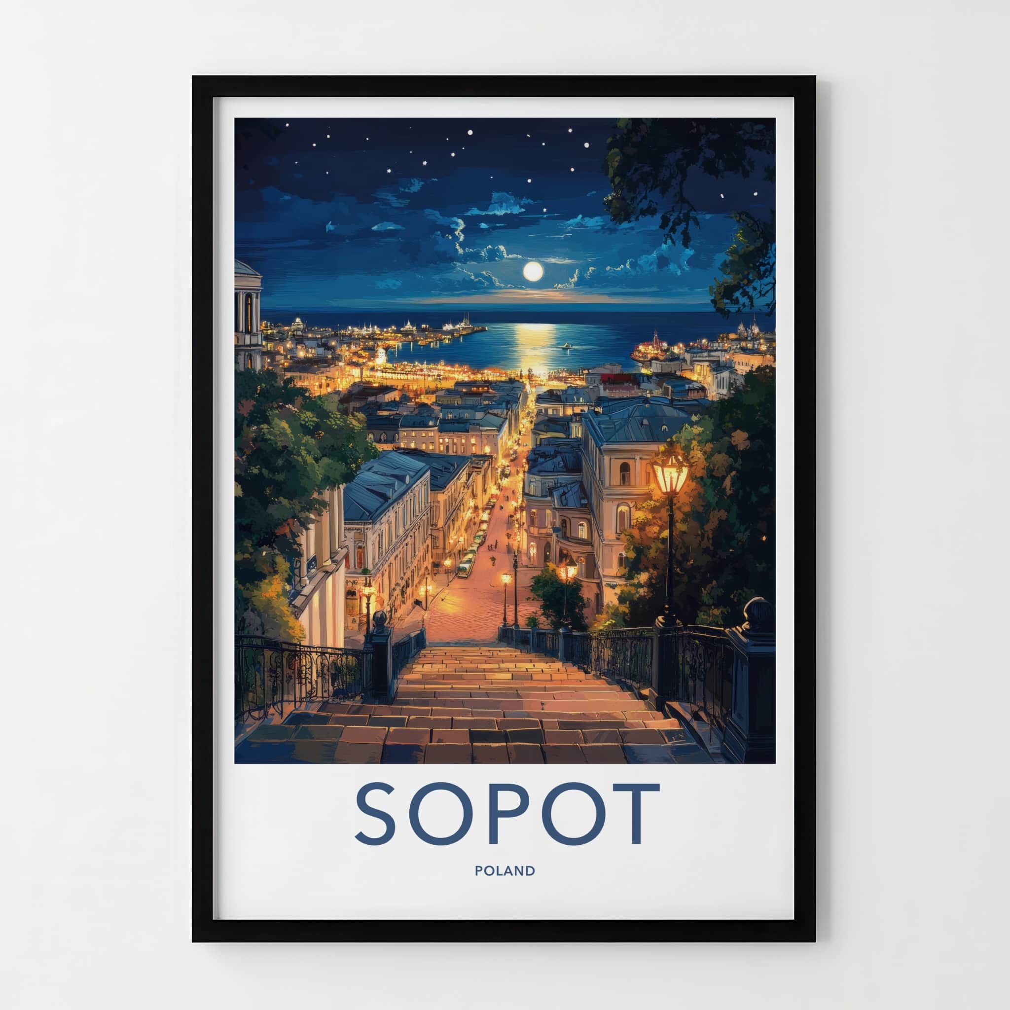 Sopot Poster - Poland Travel Art - Moonlit Seaside City Home Decor
