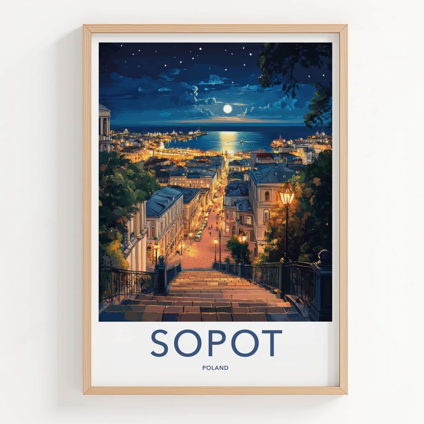 Sopot Poster - Poland Travel Art - Moonlit Seaside City Home Decor