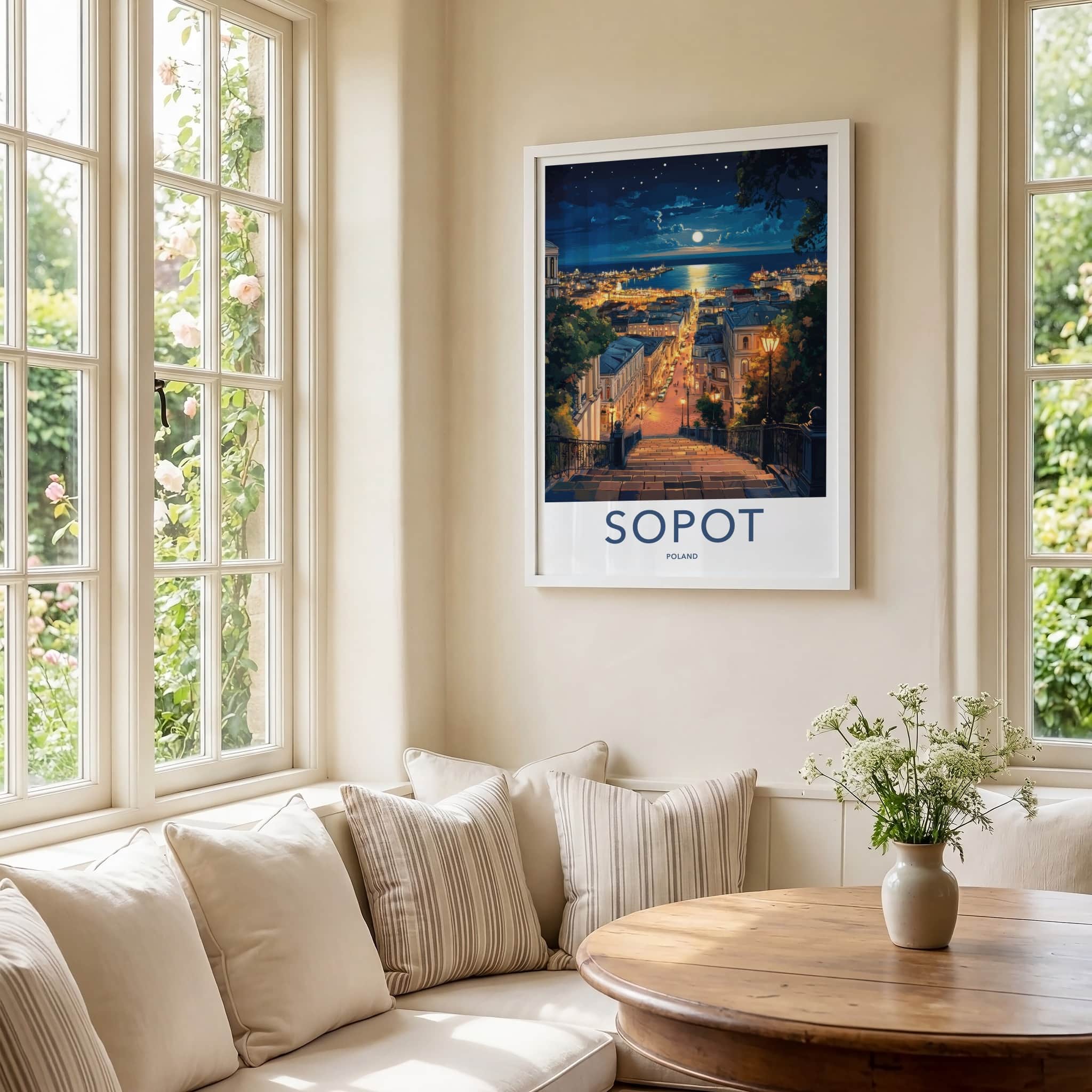 Sopot Poster - Poland Travel Art - Moonlit Seaside City Home Decor