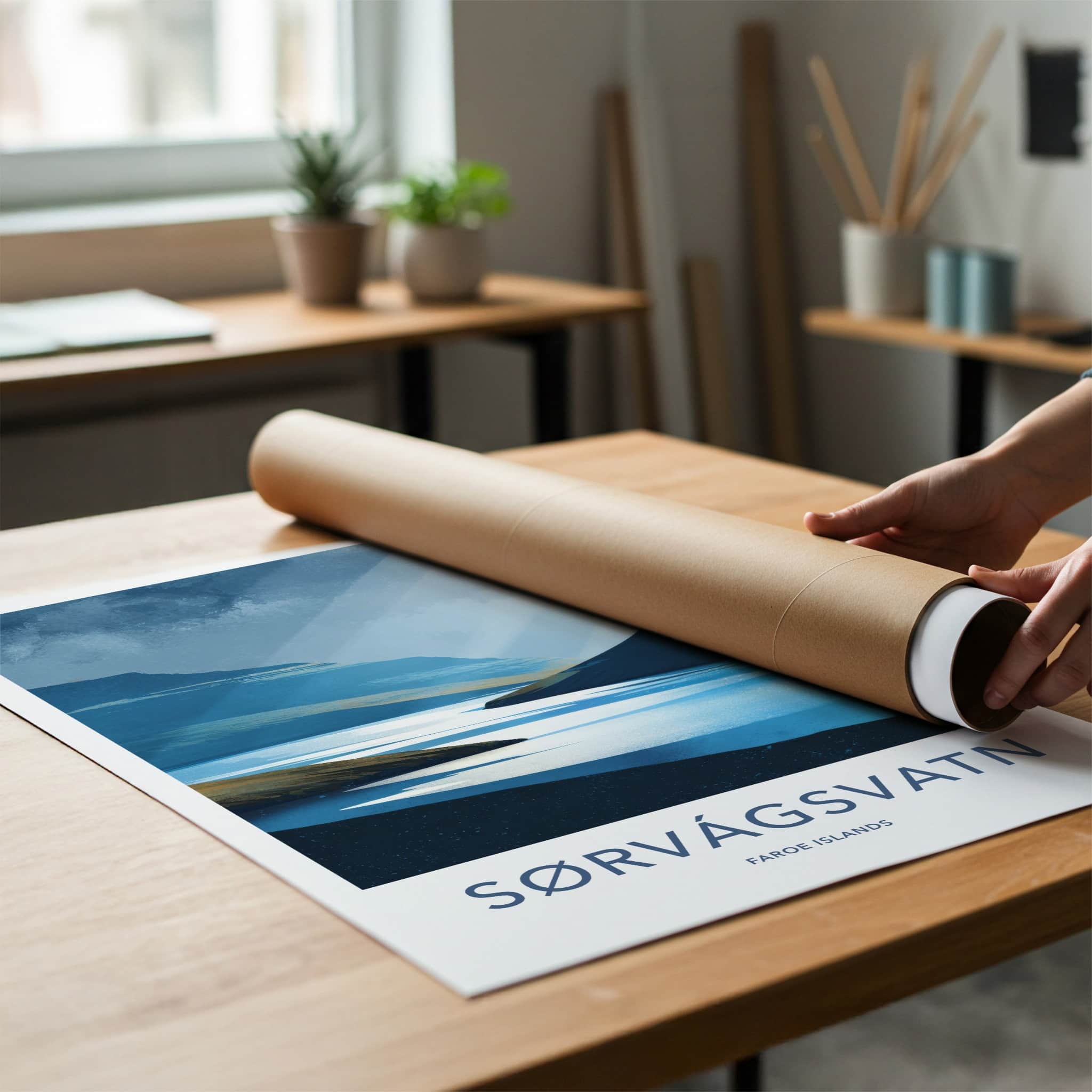 Sorvagsvatn Poster - Faroe Islands Travel Art - Blue Water Rays Home Decor