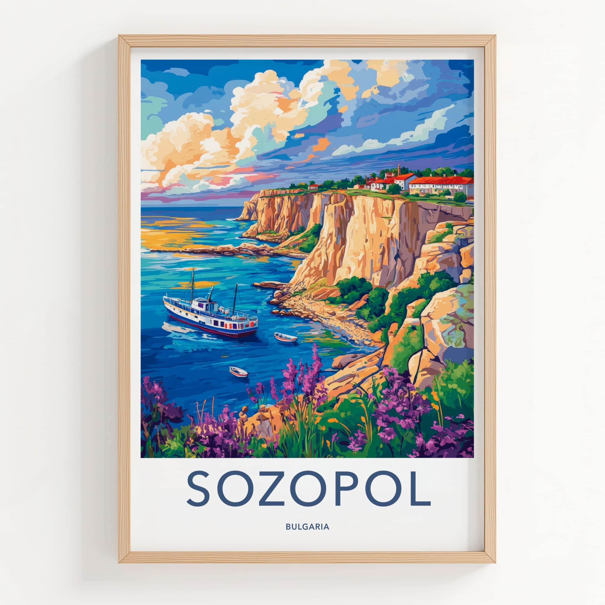 Sozopol Poster - Bulgaria Travel Art - Cliffside Village Boats Home Decor