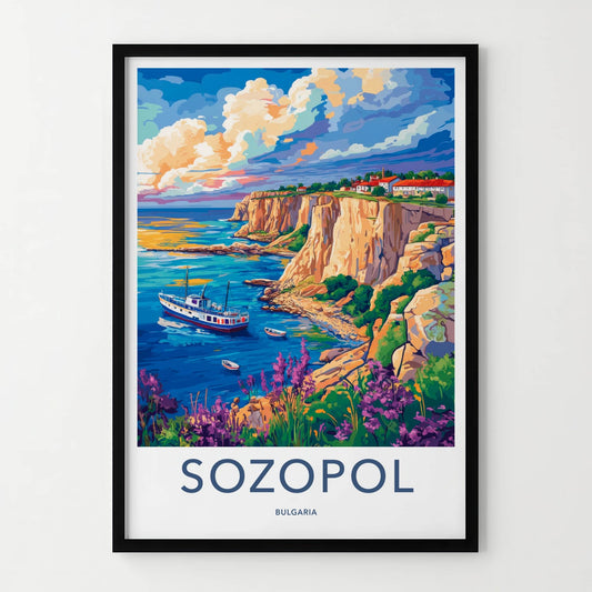 Sozopol Poster - Bulgaria Travel Art - Cliffside Village Boats Home Decor