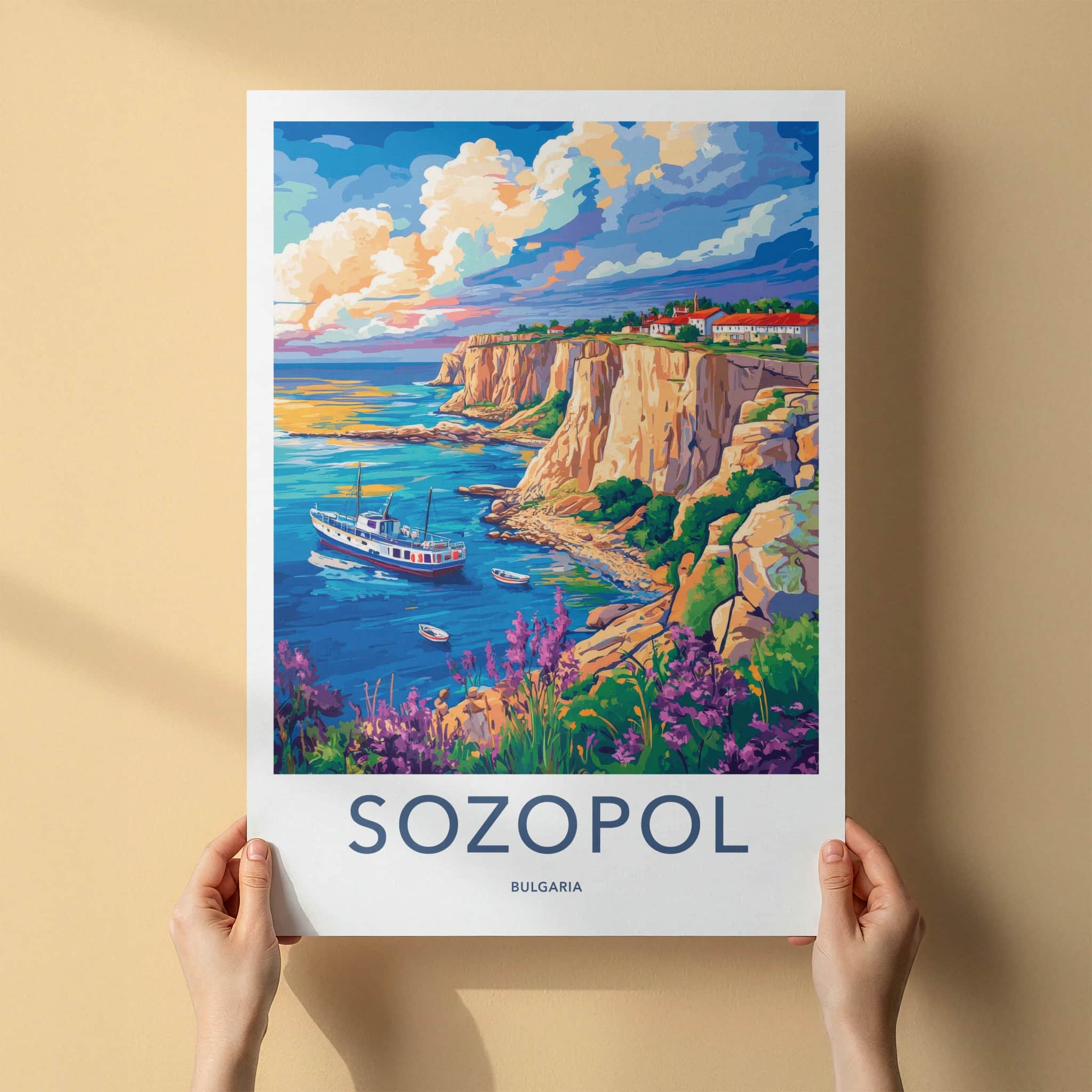 Sozopol Poster - Bulgaria Travel Art - Cliffside Village Boats Home Decor
