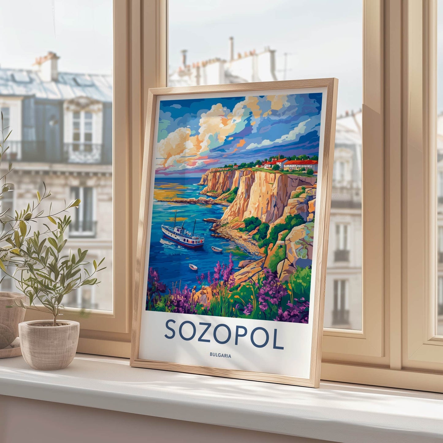 Sozopol Poster - Bulgaria Travel Art - Cliffside Village Boats Home Decor