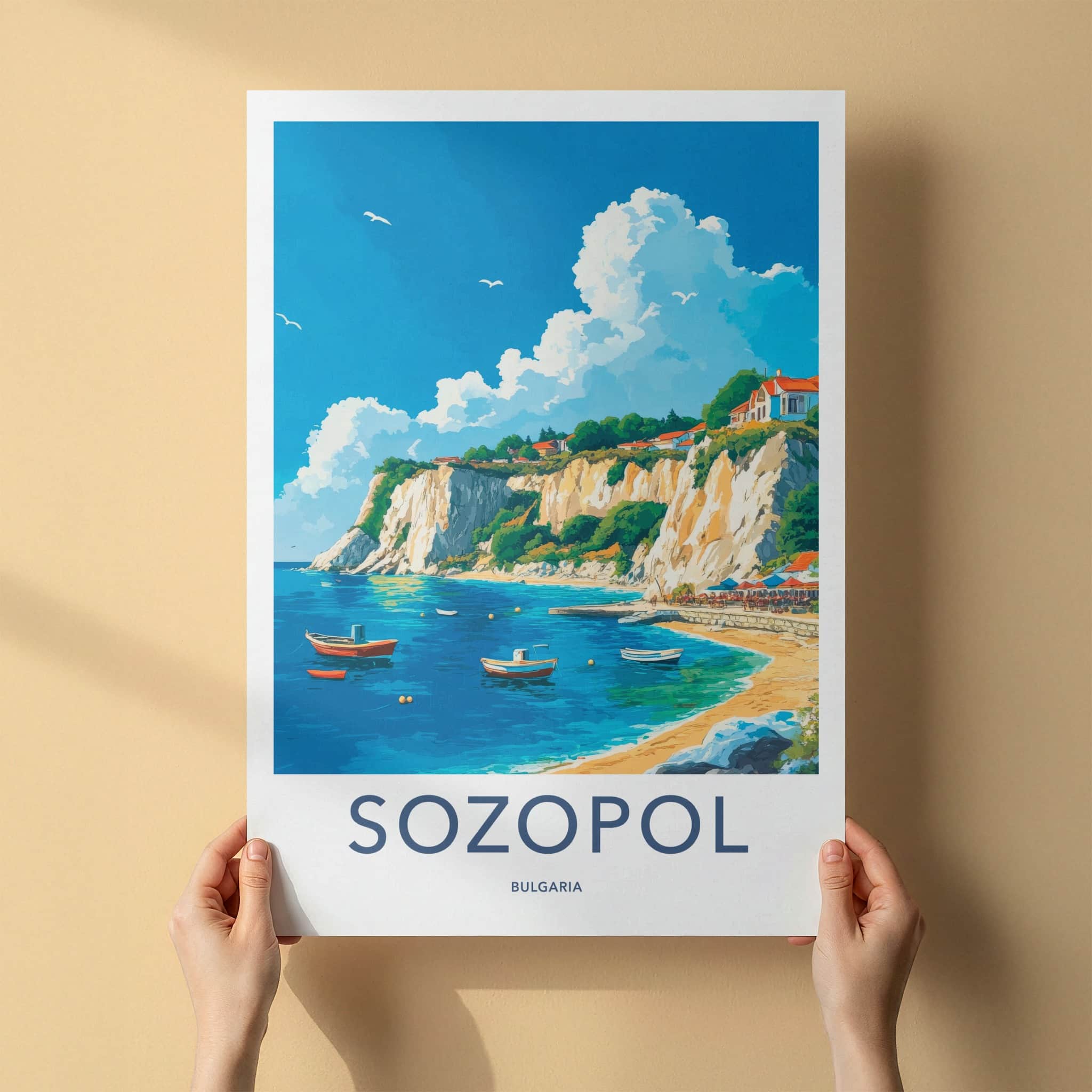 Sozopol Poster - Bulgaria Travel Art - Coastal Cliffside Village Home Decor