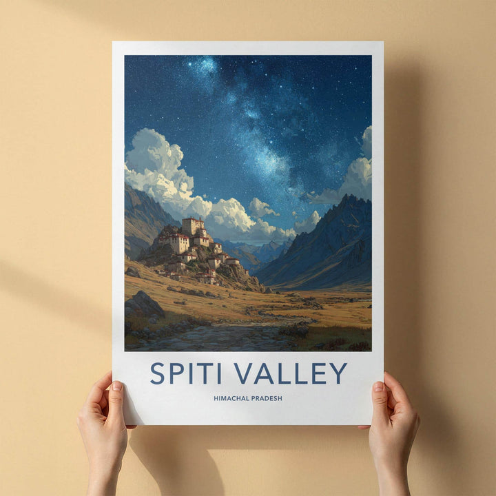 Spiti Valley Poster - India Travel Art - Himachal Pradesh Mountain Village Stars Home Decor