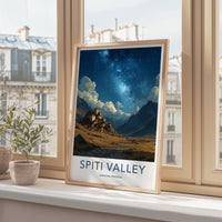 Spiti Valley Poster - India Travel Art - Himachal Pradesh Mountain Village Stars Home Decor