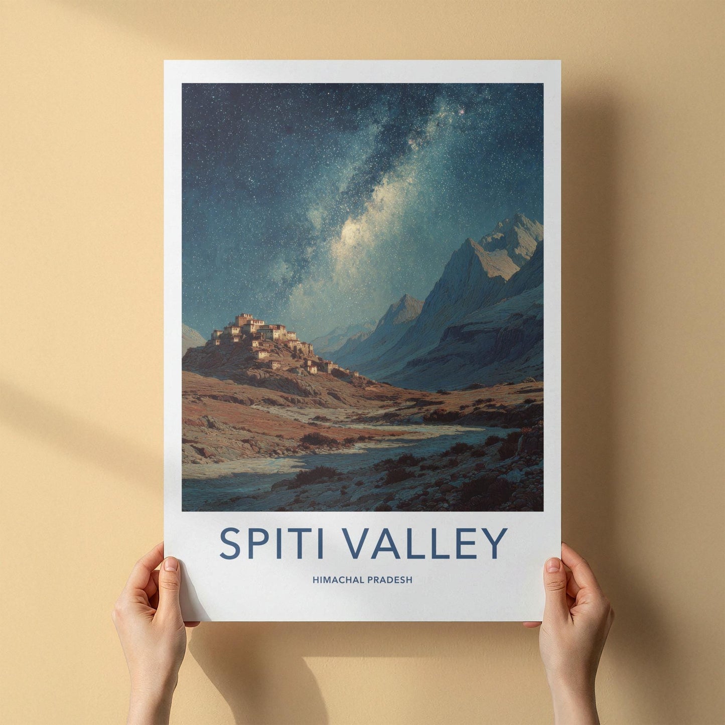 Spiti Valley Poster - India Travel Art - Himachal Pradesh Starry Mountain Village Gallery Art