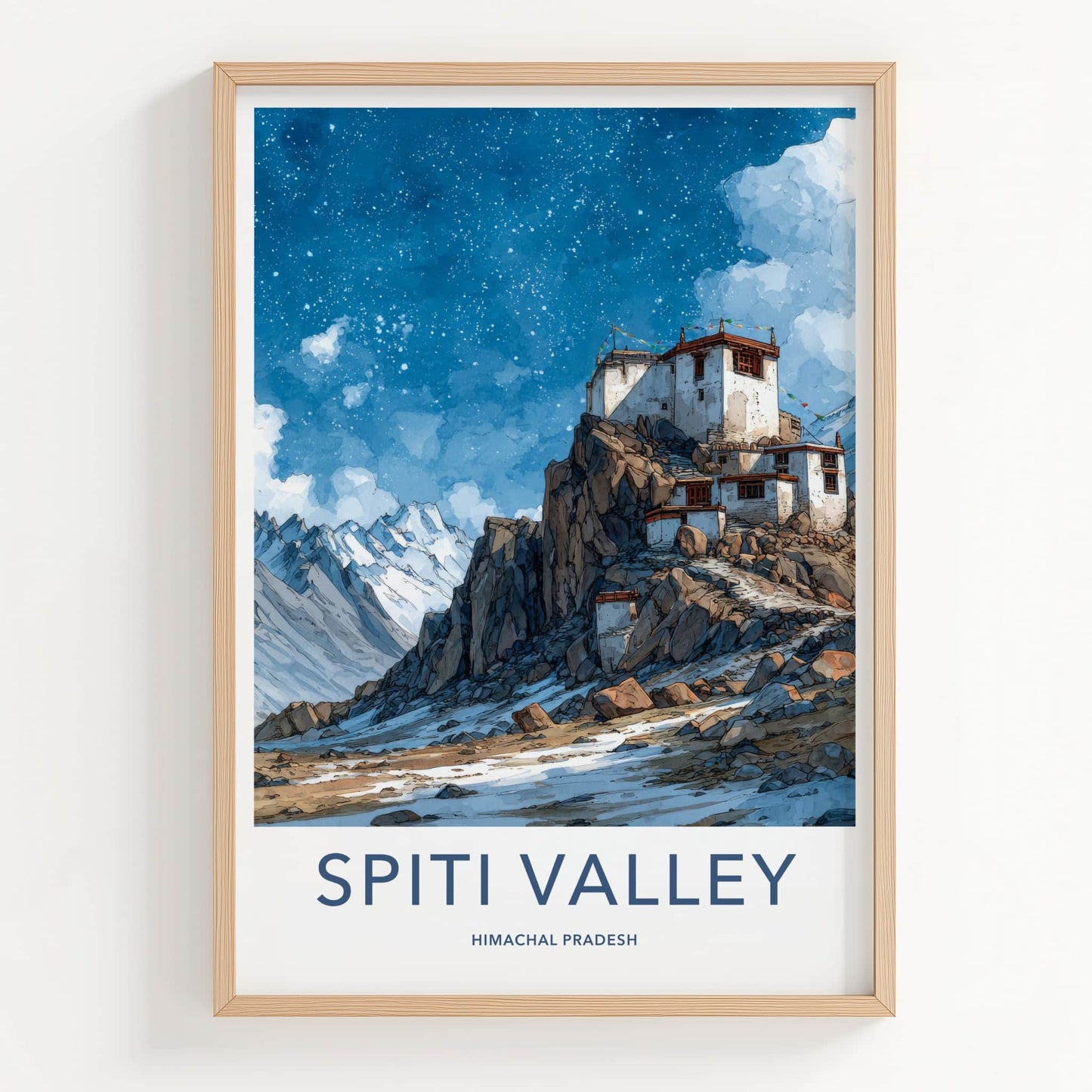Spiti Valley Poster - India Travel Art - Himalayan Village Night Sky Home Decor