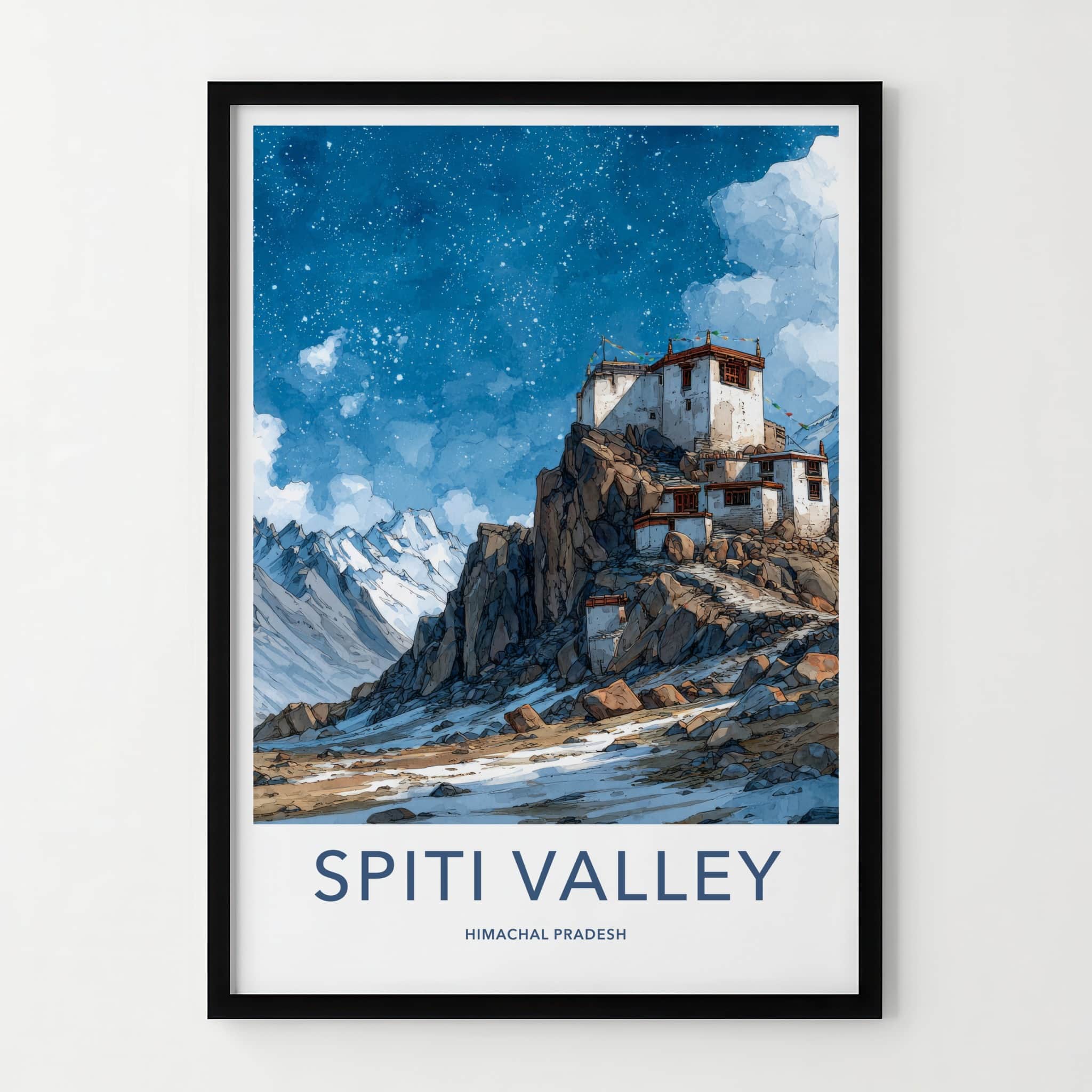 Spiti Valley Poster - India Travel Art - Himalayan Village Night Sky Home Decor