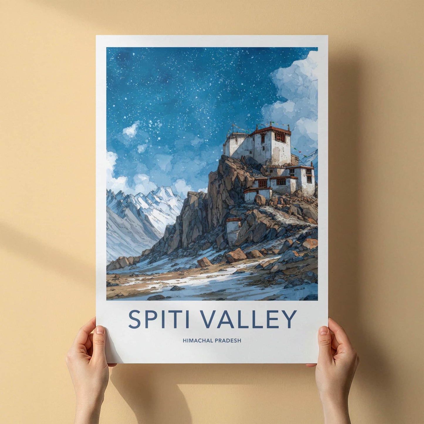 Spiti Valley Poster - India Travel Art - Himalayan Village Night Sky Home Decor