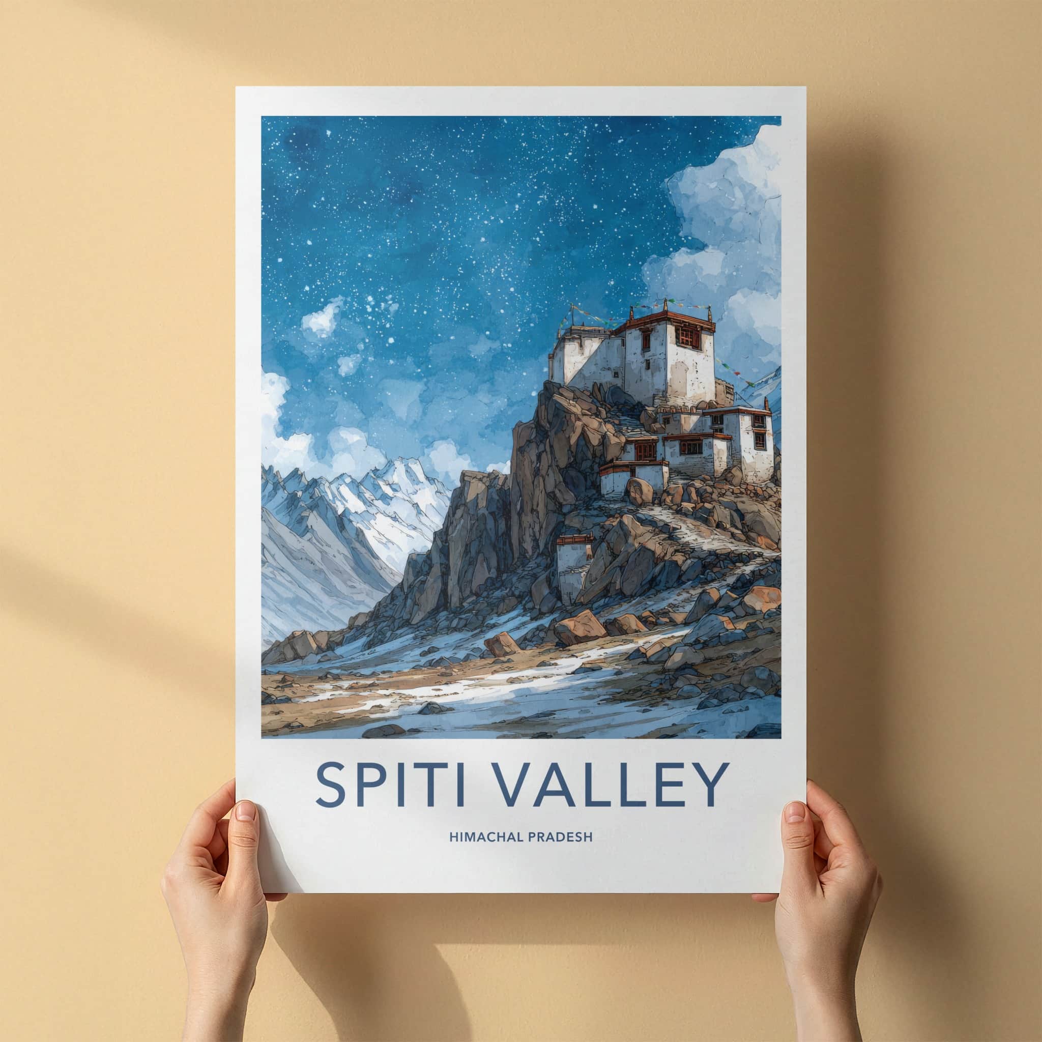 Spiti Valley Poster - India Travel Art - Himalayan Village Night Sky Home Decor