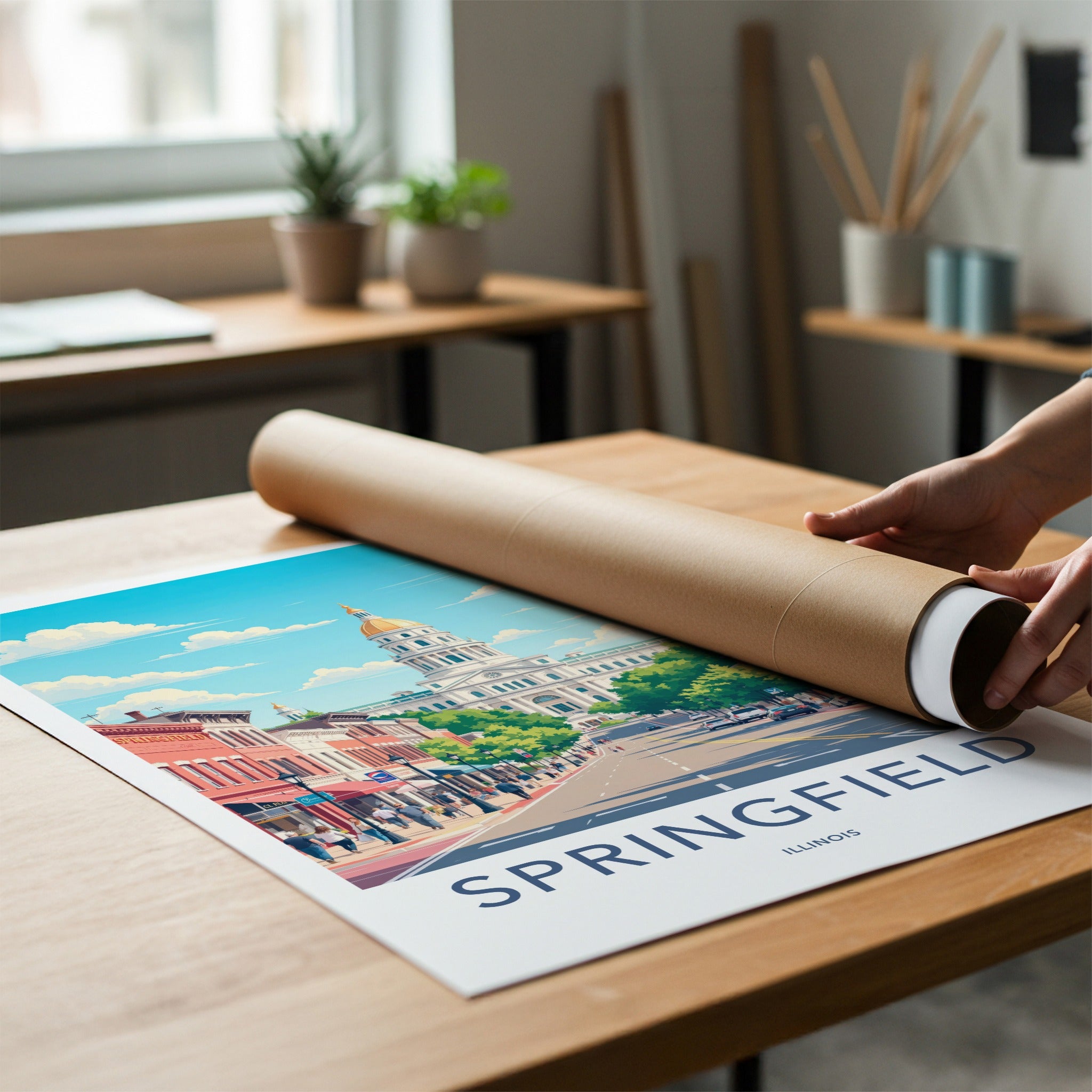 Springfield Poster - Illinois Travel Art - Capitol Building Street Home Decor