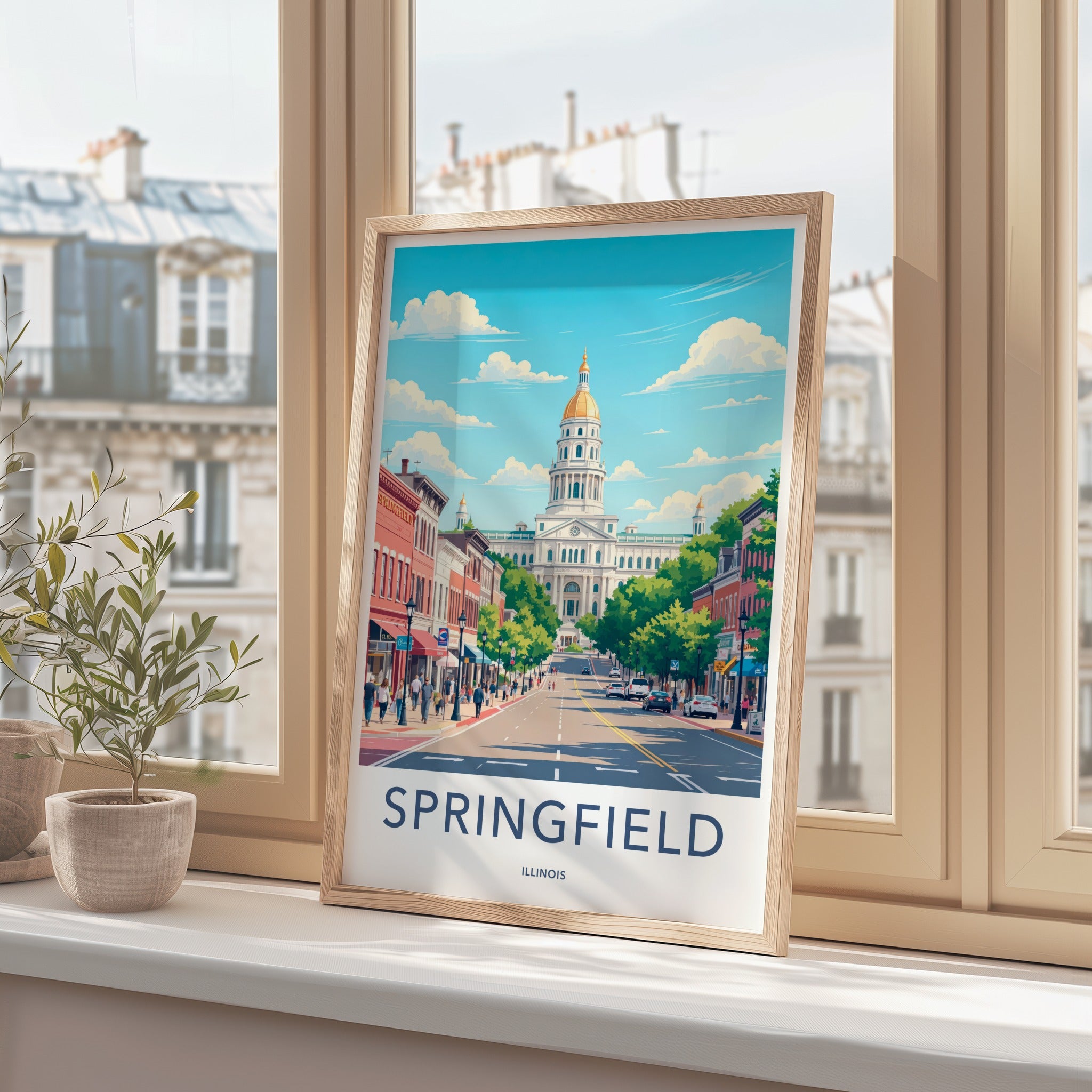 Springfield Poster - Illinois Travel Art - Capitol Building Street Home Decor