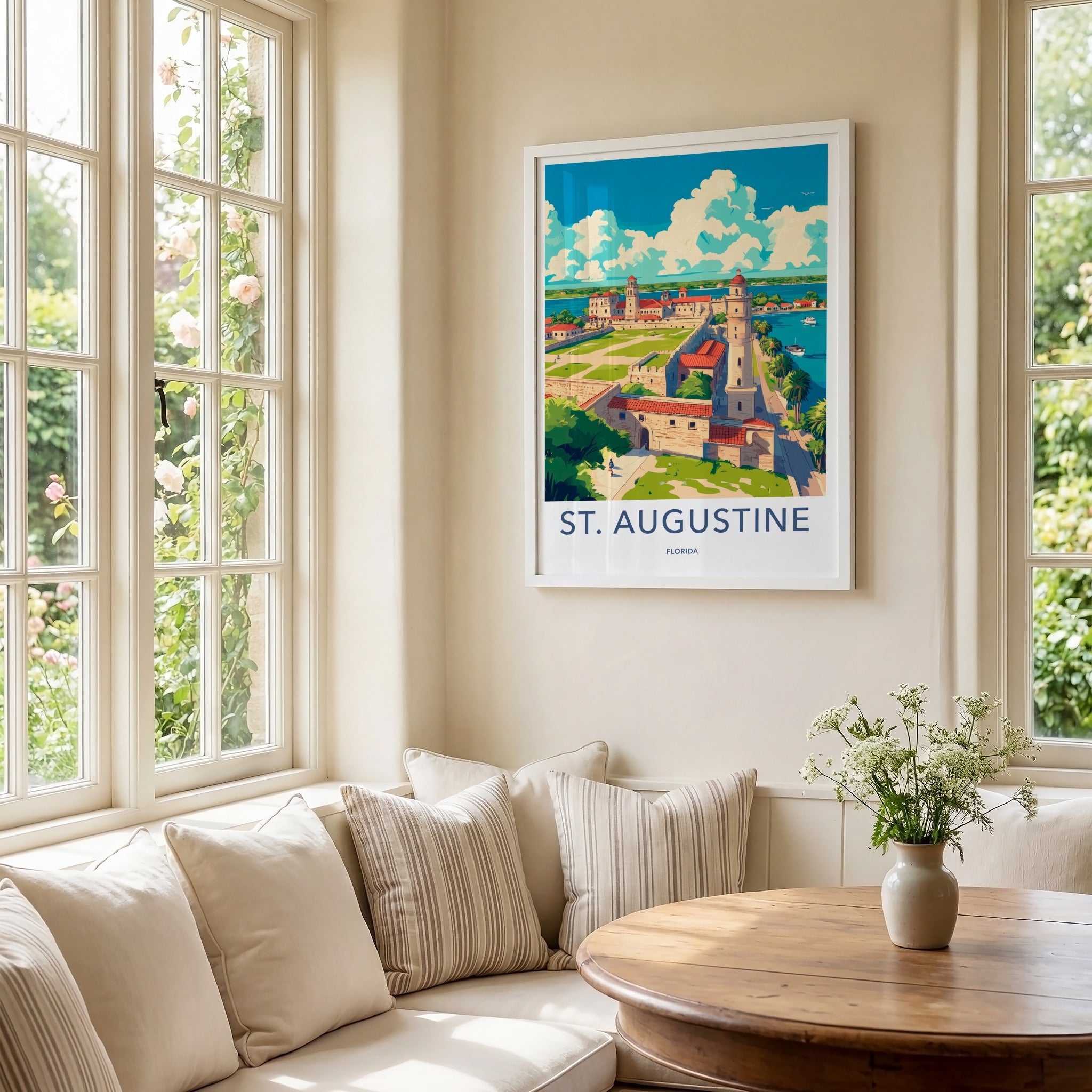 St. Augustine Poster - Florida Travel Art - Waterfront Castle Green Home Decor