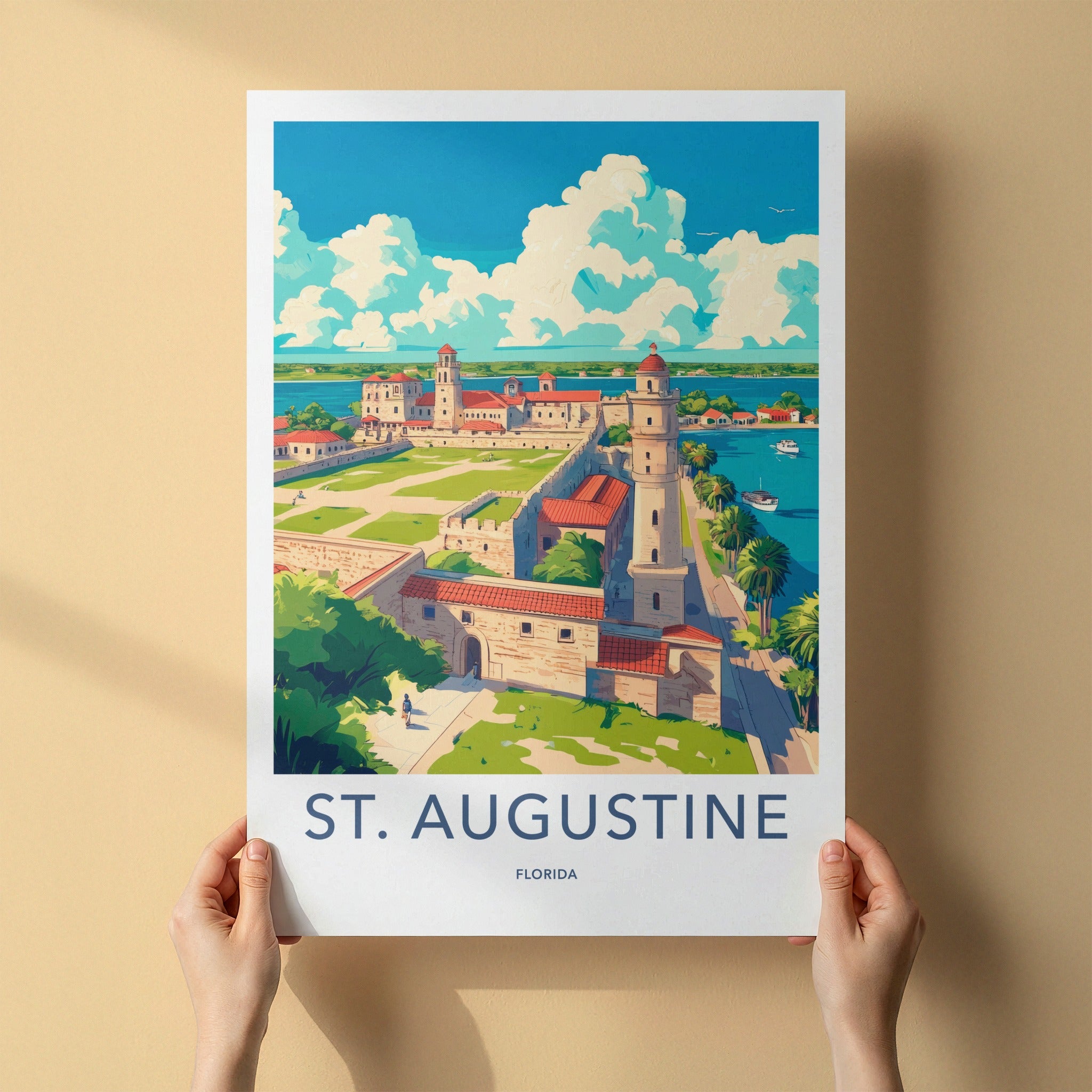 St. Augustine Poster - Florida Travel Art - Waterfront Castle Green Home Decor