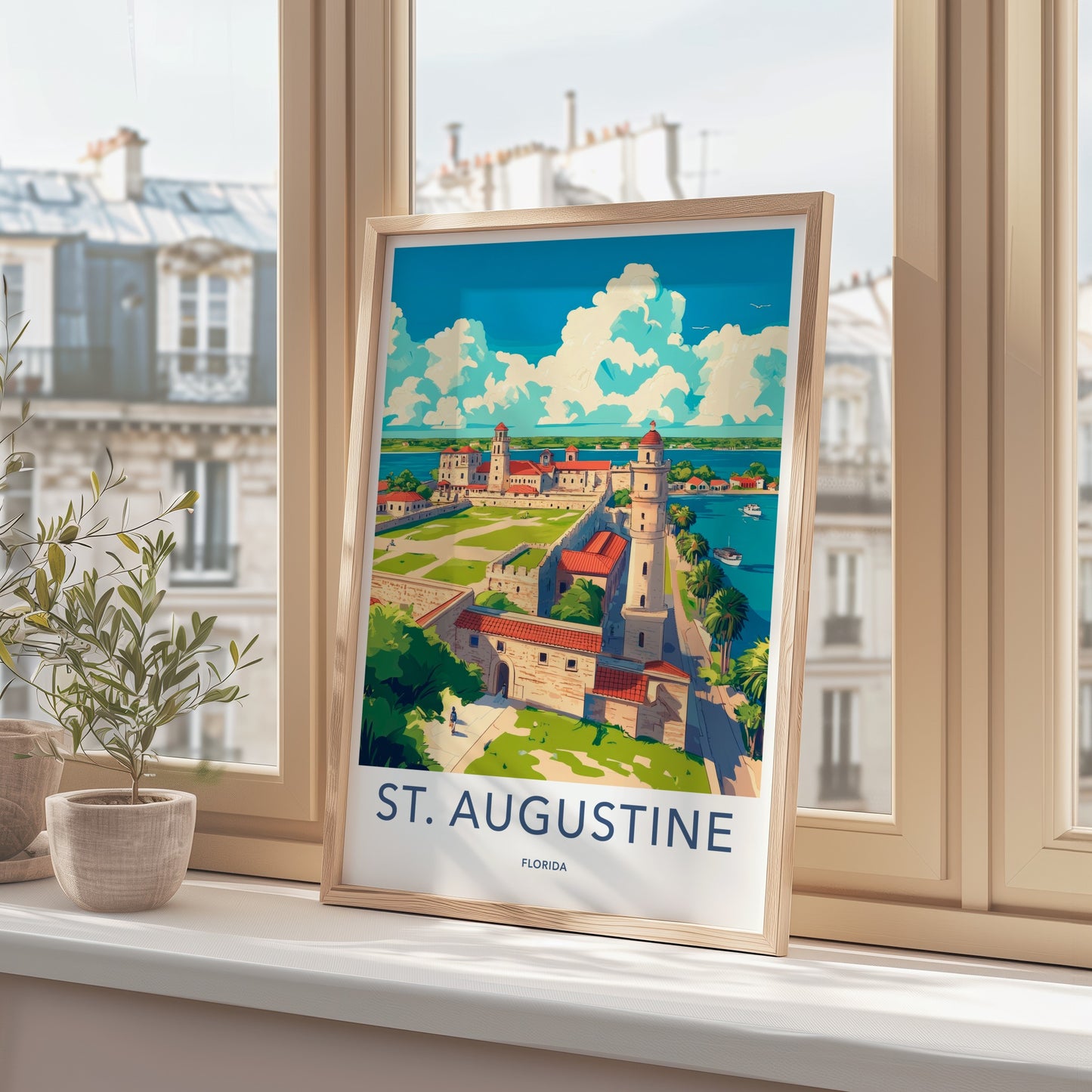 St. Augustine Poster - Florida Travel Art - Waterfront Castle Green Home Decor