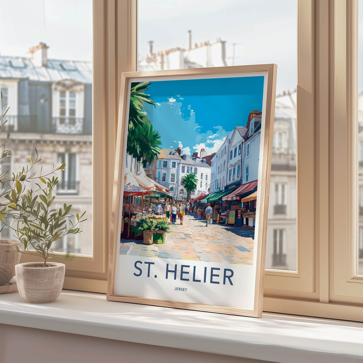 St. Helier Poster - Jersey Travel Art - Bustling Street Market Home Decor