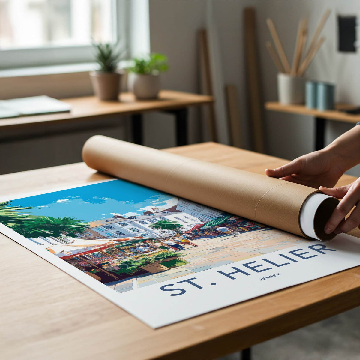 St. Helier Poster - Jersey Travel Art - Bustling Street Market Home Decor