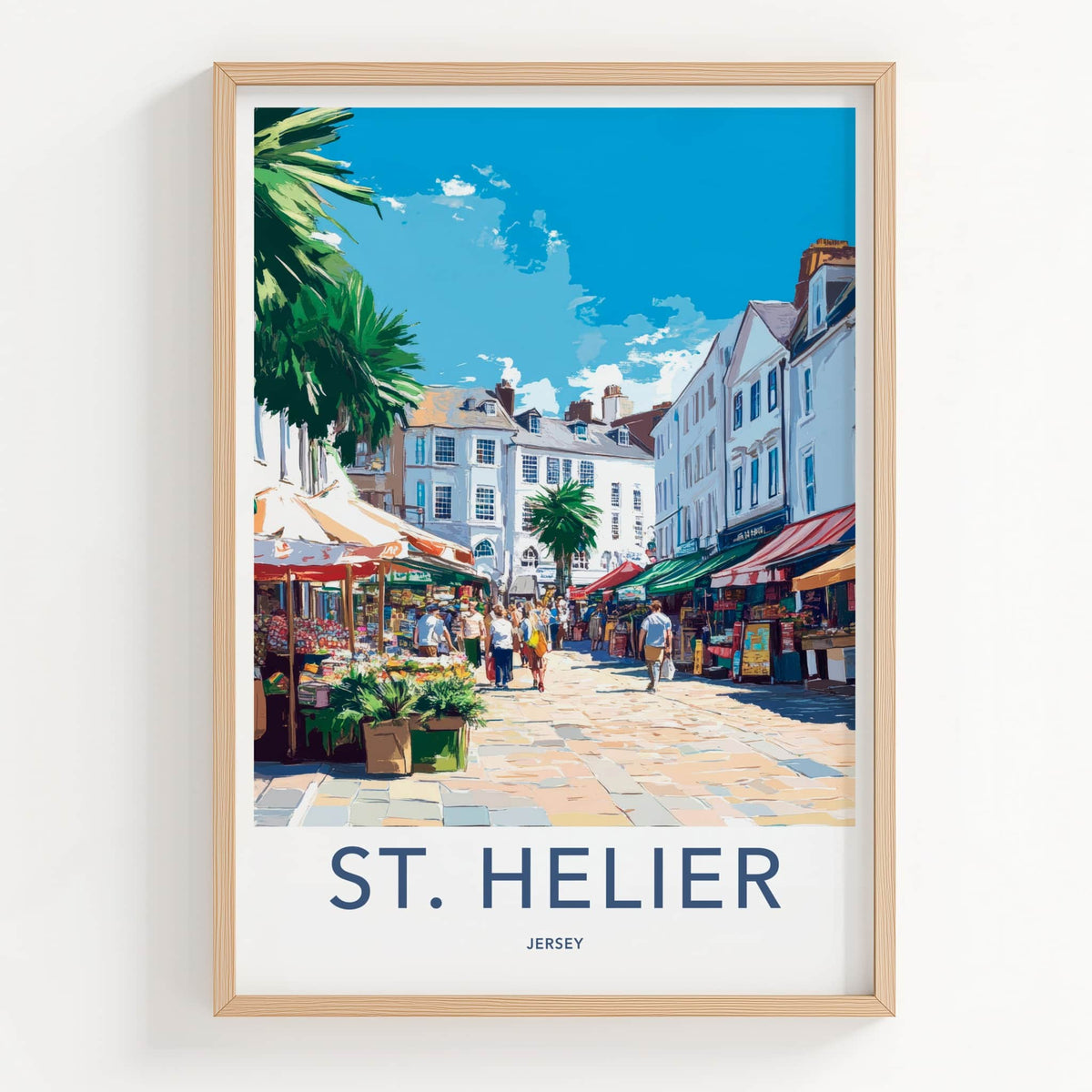 St. Helier Poster - Jersey Travel Art - Bustling Street Market Home Decor