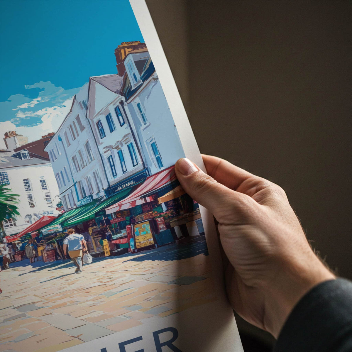 St. Helier Poster - Jersey Travel Art - Bustling Street Market Home Decor