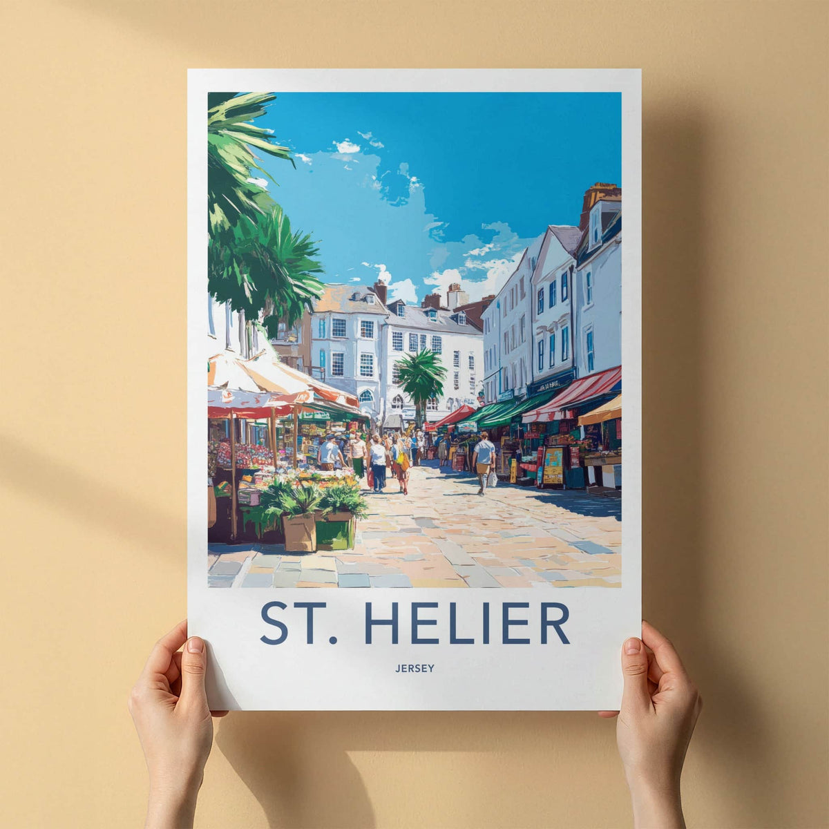 St. Helier Poster - Jersey Travel Art - Bustling Street Market Home Decor