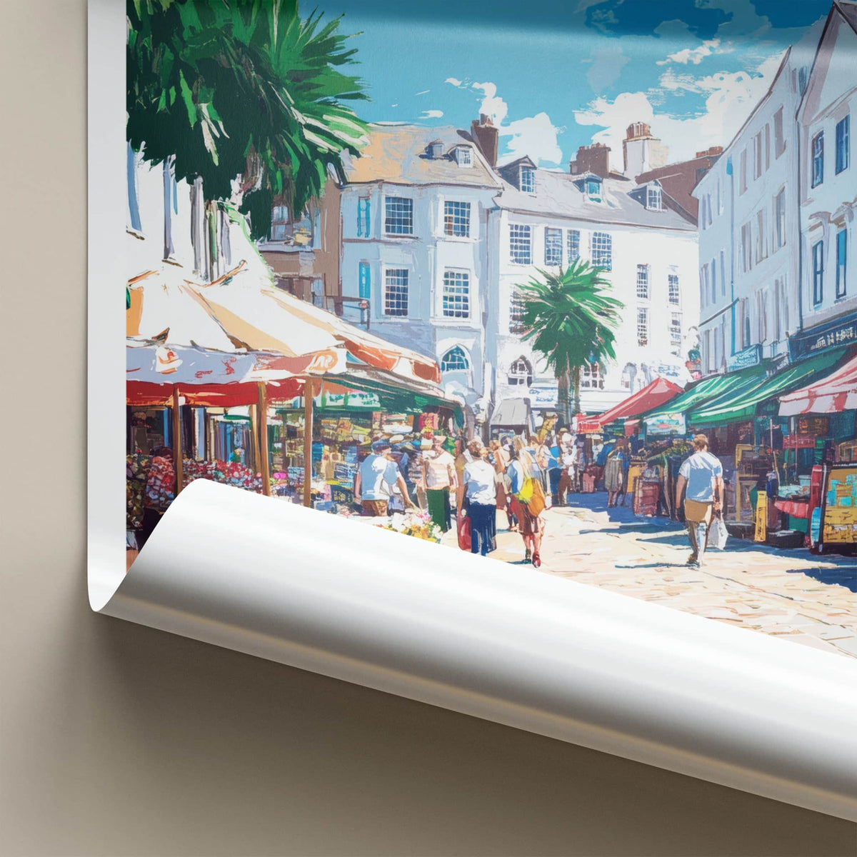St. Helier Poster - Jersey Travel Art - Bustling Street Market Home Decor