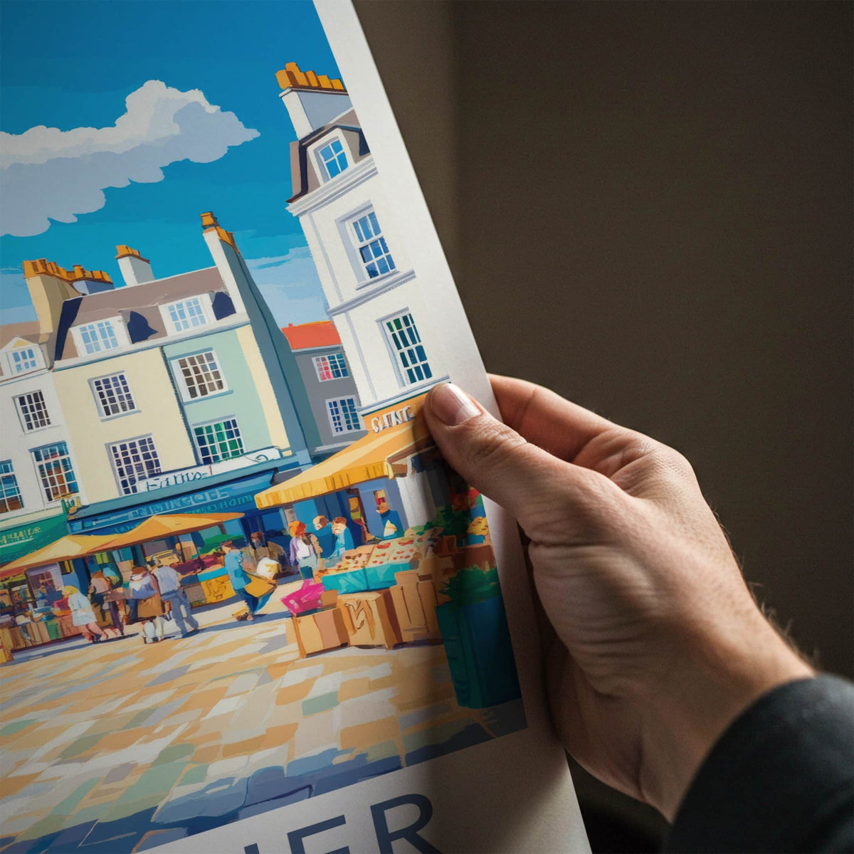 St Helier Poster - Jersey Travel Art - Market Square Scene Wall Decor