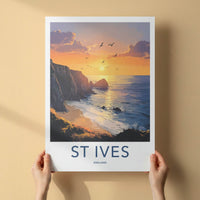 St Ives Poster - England Travel Art - Dramatic Cliff Sunset Home Decor