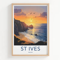 St Ives Poster - England Travel Art - Dramatic Cliff Sunset Home Decor