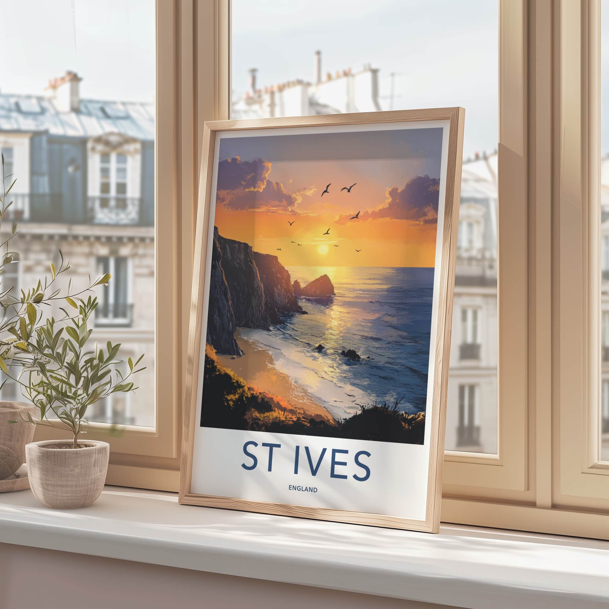 St Ives Poster - England Travel Art - Dramatic Cliff Sunset Home Decor