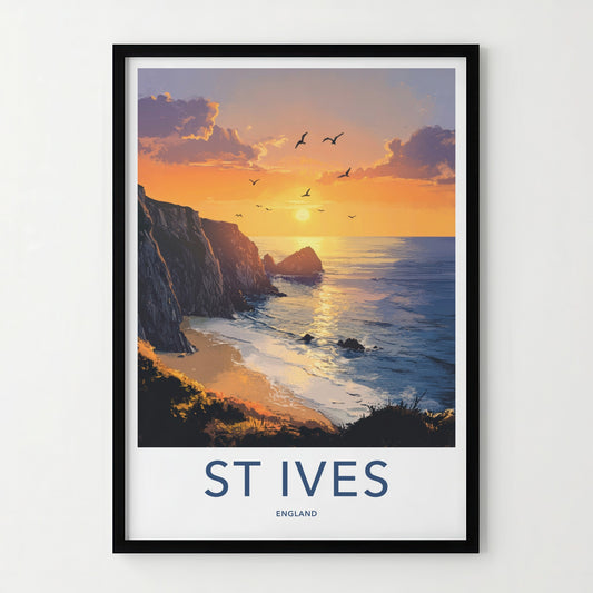 St Ives Poster - England Travel Art - Dramatic Cliff Sunset Home Decor