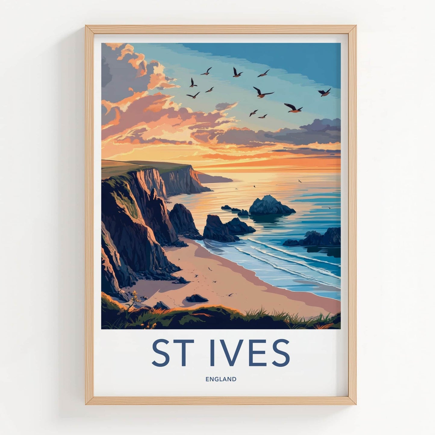 St Ives Poster - England Travel Art - Sunset Coastal Cliffs Home Decor