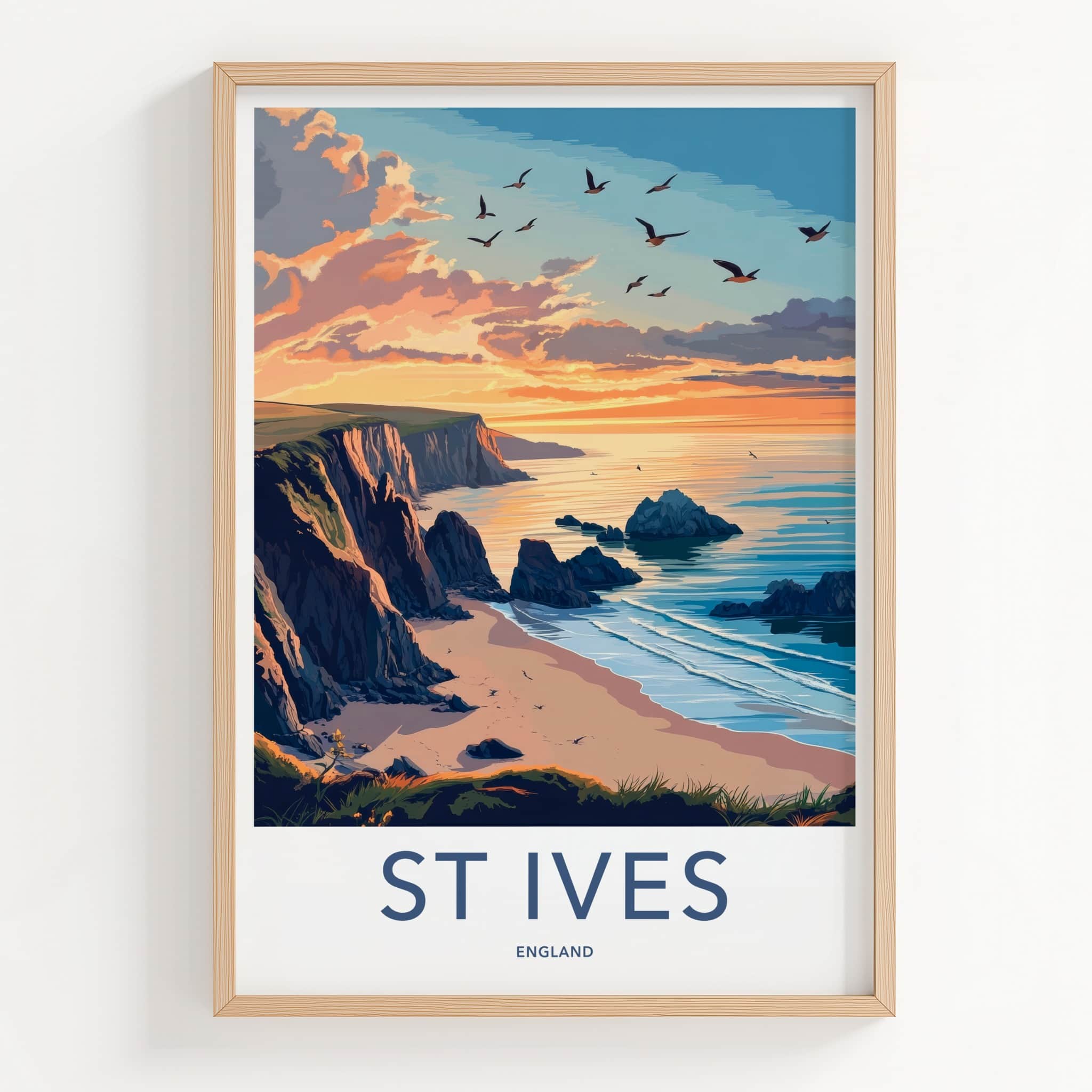 St Ives Poster - England Travel Art - Sunset Coastal Cliffs Home Decor
