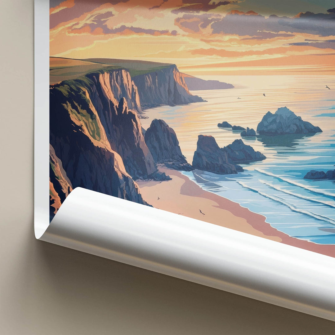St Ives Poster - England Travel Art - Sunset Coastal Cliffs Home Decor