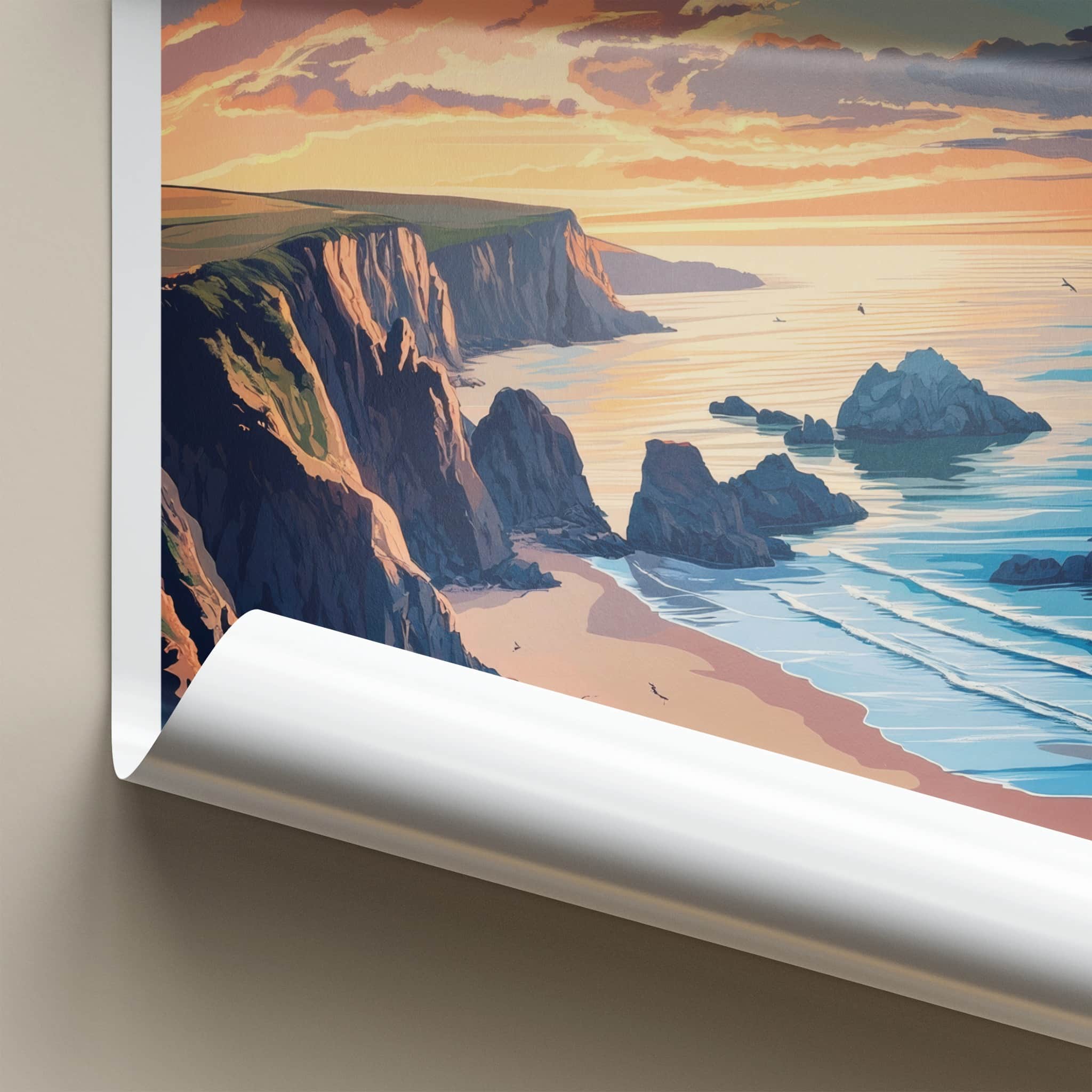 St Ives Poster - England Travel Art - Sunset Coastal Cliffs Home Decor