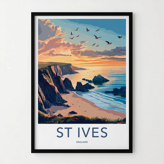 St Ives Poster - England Travel Art - Sunset Coastal Cliffs Home Decor