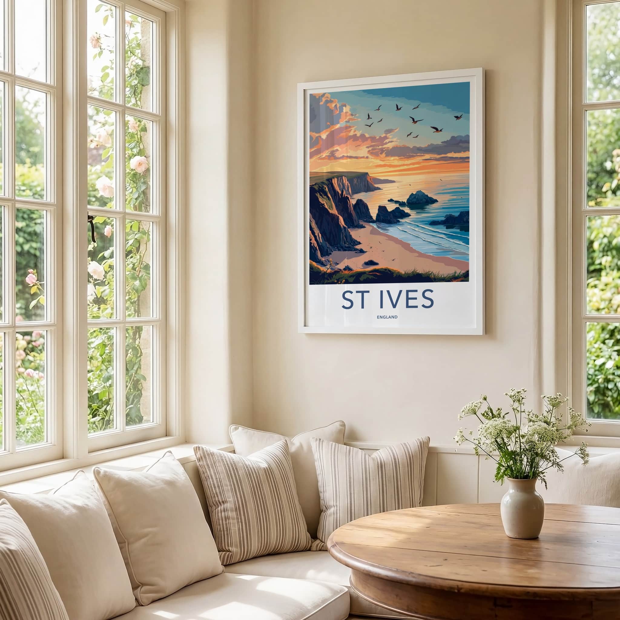 St Ives Poster - England Travel Art - Sunset Coastal Cliffs Home Decor