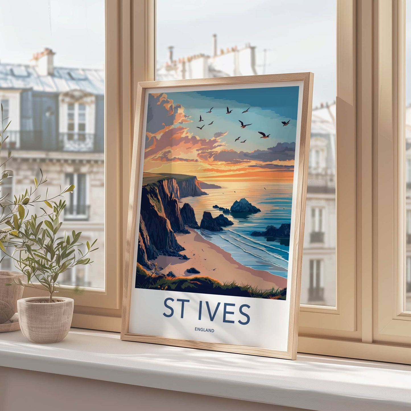 St Ives Poster - England Travel Art - Sunset Coastal Cliffs Home Decor