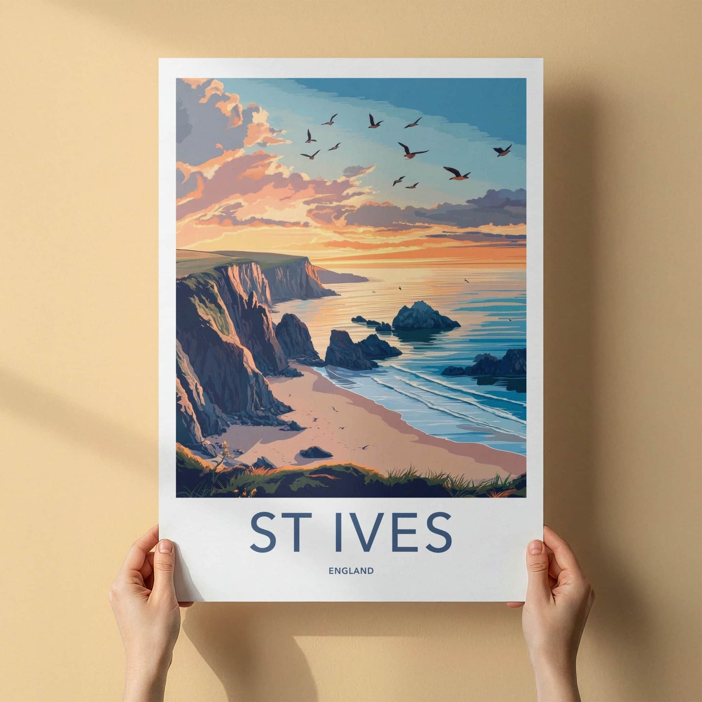 St Ives Poster - England Travel Art - Sunset Coastal Cliffs Home Decor