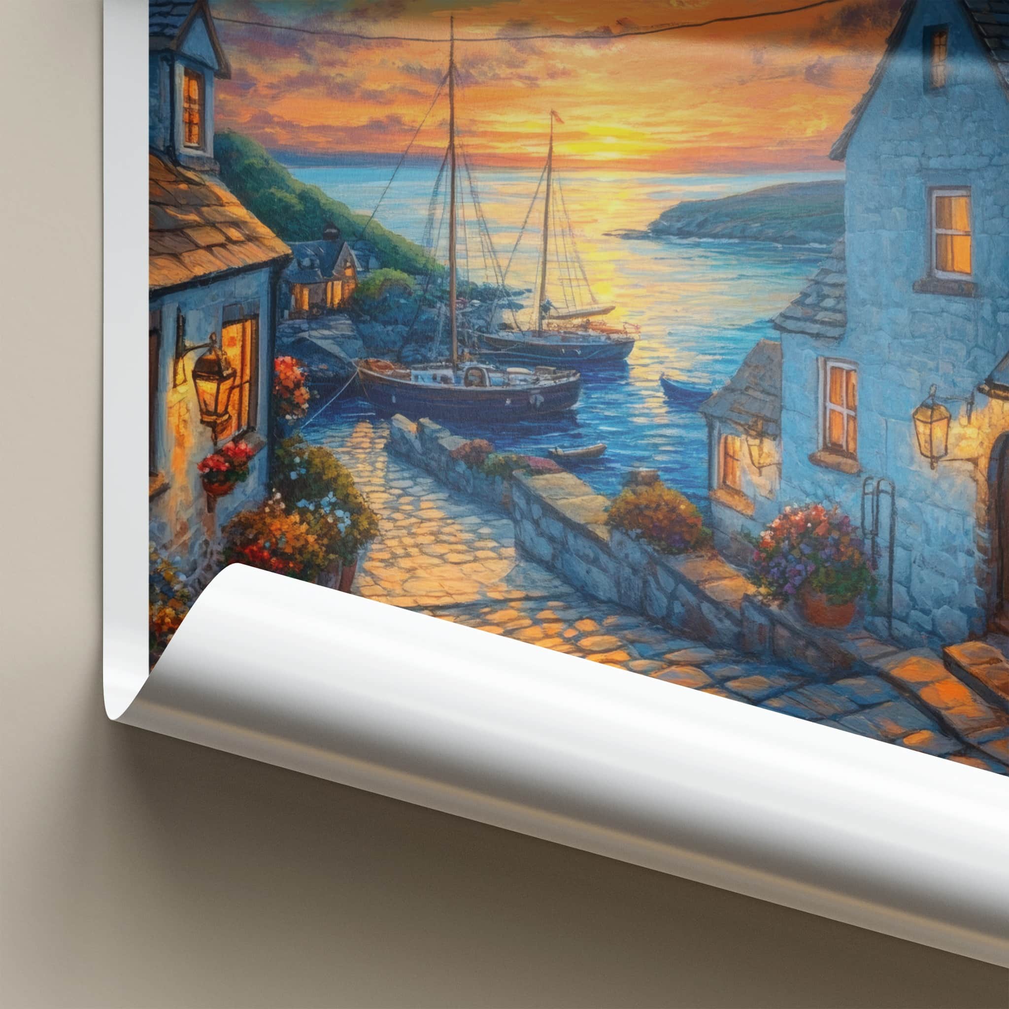 St Ives Poster - England Travel Print - Cobblestone Village Sunset Lounge Decor