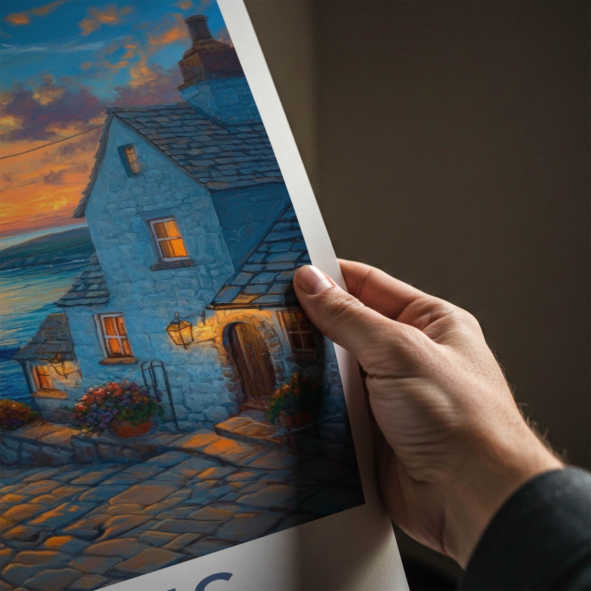 St Ives Poster - England Travel Print - Cobblestone Village Sunset Lounge Decor