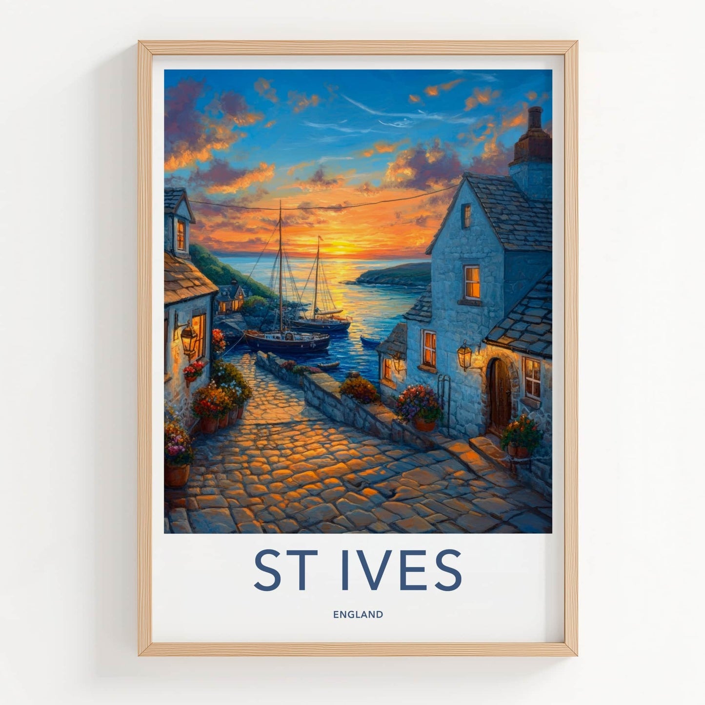 St Ives Poster - England Travel Print - Cobblestone Village Sunset Lounge Decor