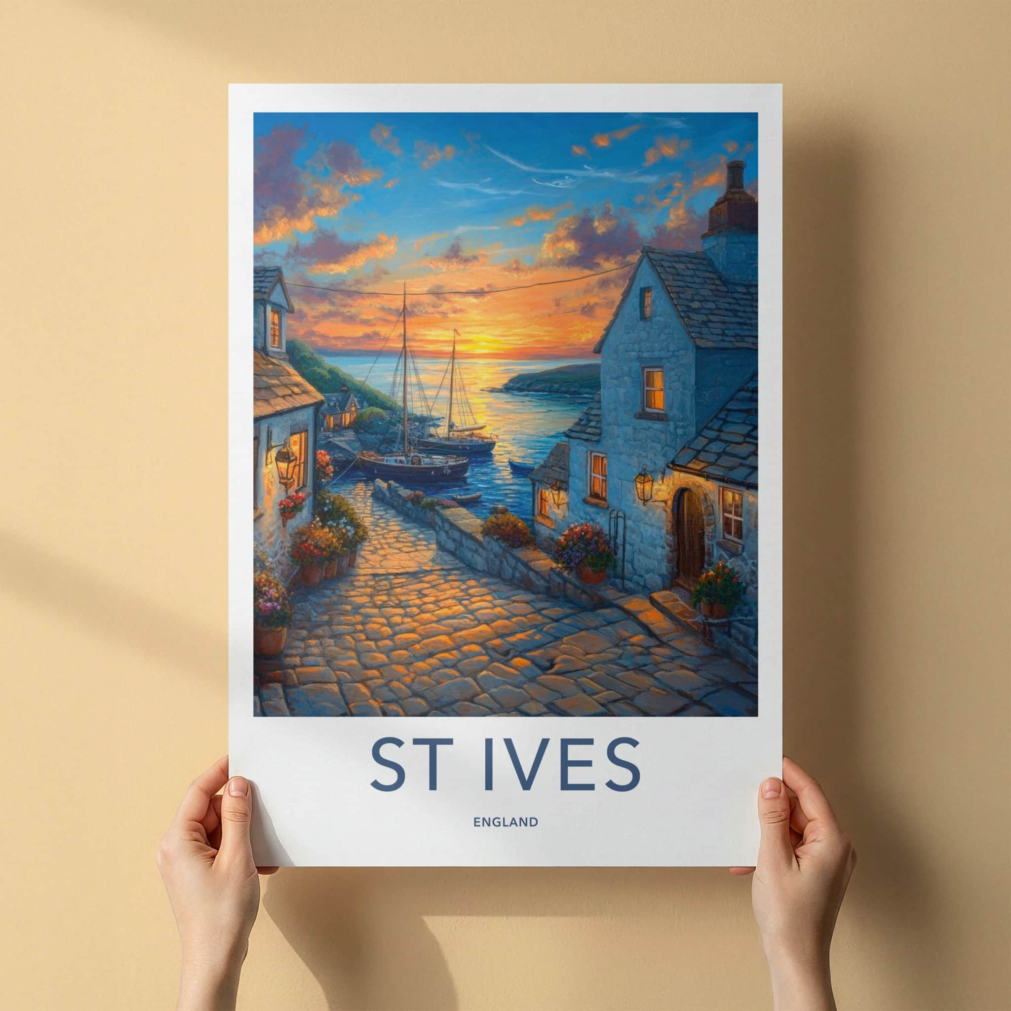 St Ives Poster - England Travel Print - Cobblestone Village Sunset Lounge Decor