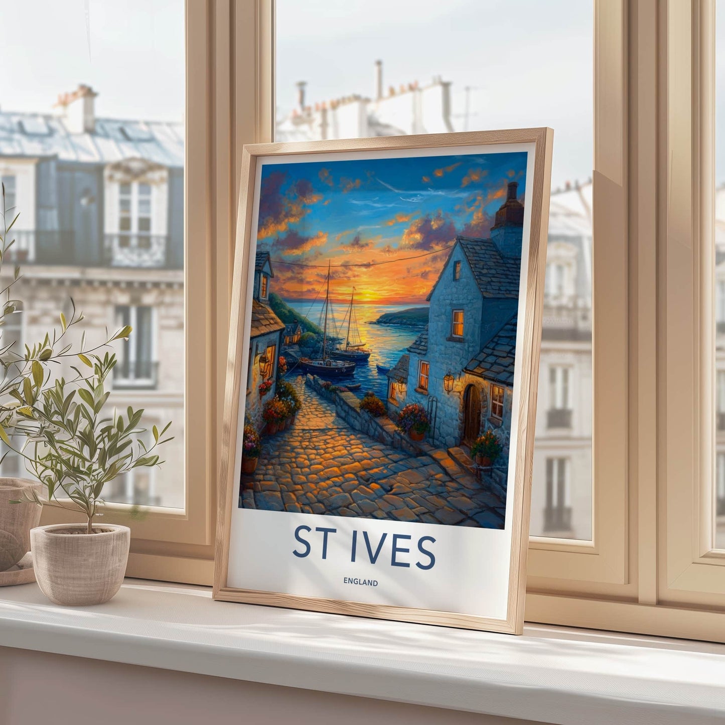 St Ives Poster - England Travel Print - Cobblestone Village Sunset Lounge Decor
