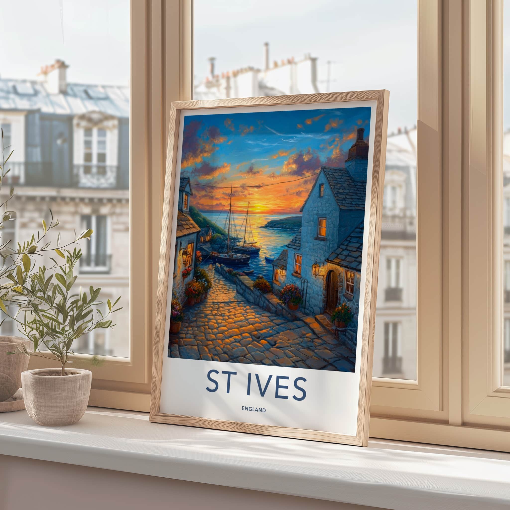 St Ives Poster - England Travel Print - Cobblestone Village Sunset Lounge Decor